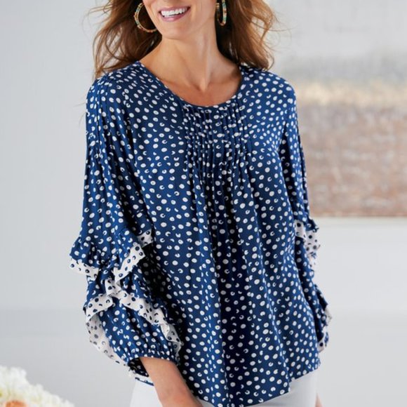 Soft Surroundings Tops - Soft Surroundings Sonrisa Blouse Blue and White Ruffle Sleeves medium